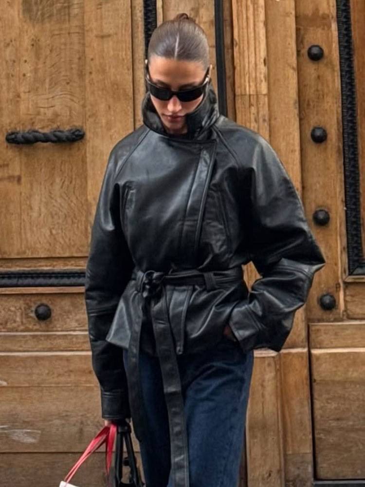 PB&amp;ZA Cross Border European and American Style 2025 New Fashion Style Women's Clothing Wholesale Black Short Leather Windbreaker