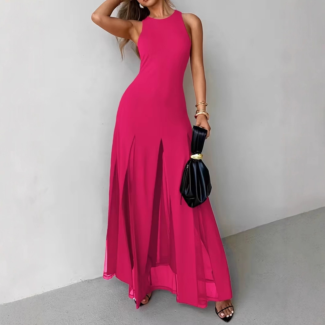 Women's Maxi A-Line Chiffon Elegant Summer Beach Sleeveless Dress with Slit Hem and Diamond Decoration Quick Dry