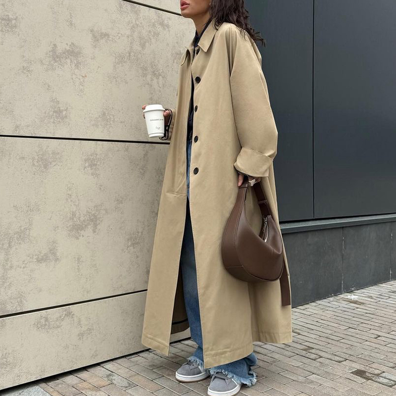 Enyami Wholesale Custom Medium Khaki Lapel Buttons Long Sleeves High Quality Casual Trench Coat Women Overcoat With Pocket