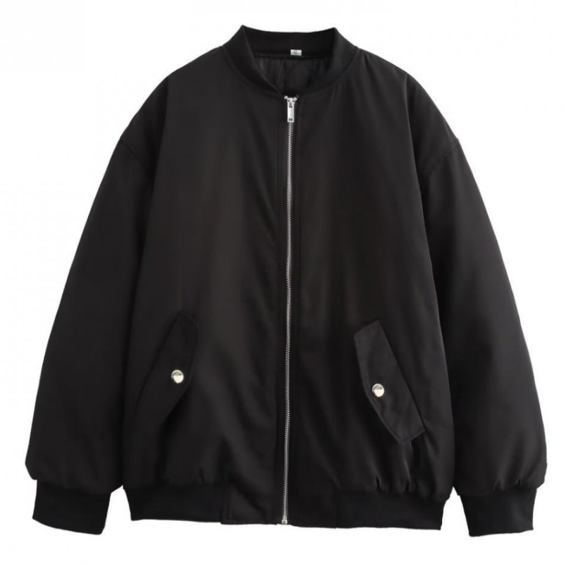 European American Style Women's Casual Lightweight Baseball Bomber Jacket with Striped Ribbed Cuffs for Spring Autumn