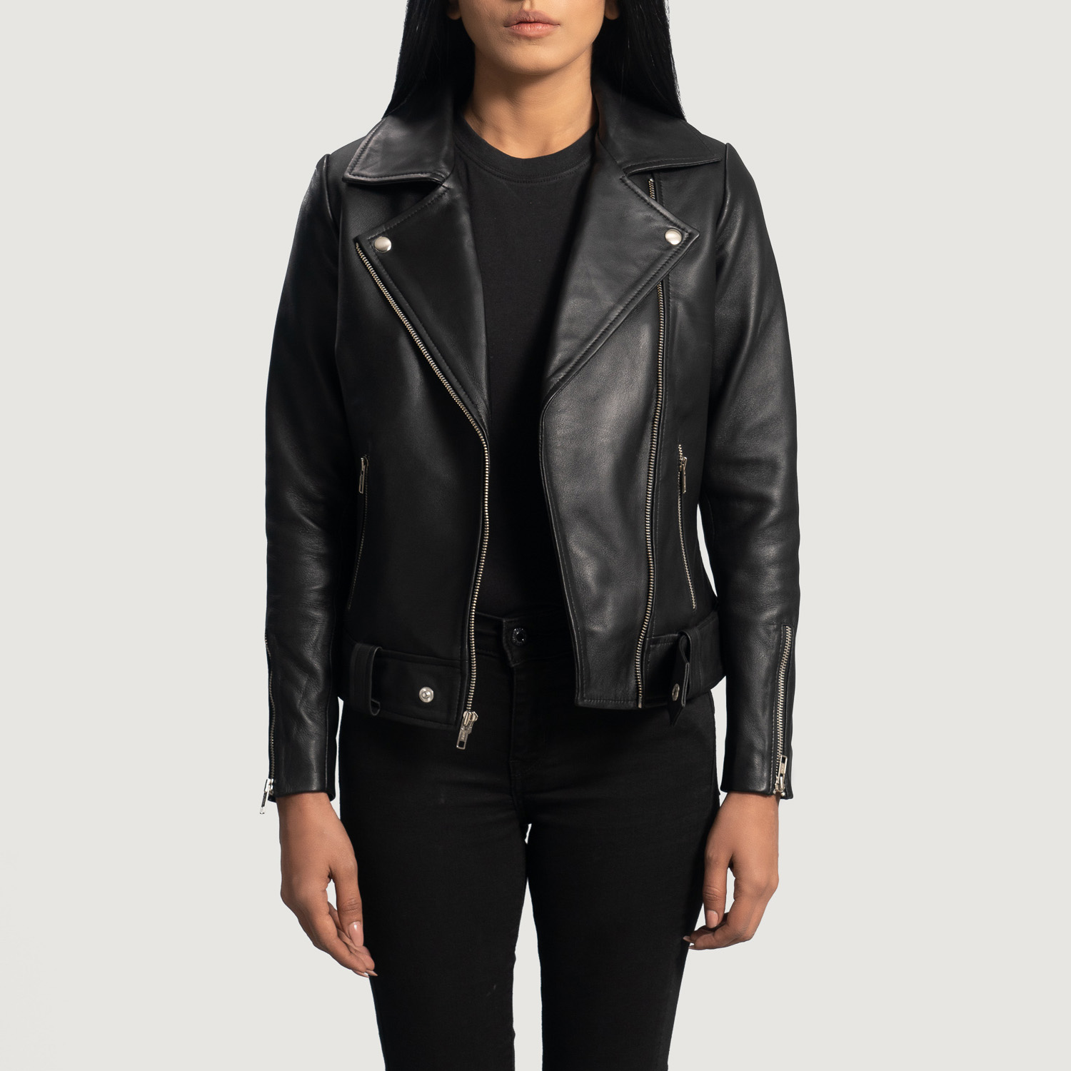 OEM Genuine Leather Women's Jackets High Quality Black Biker Wholesale Bomber Jackets Custom Logo Colors Zipper Closure