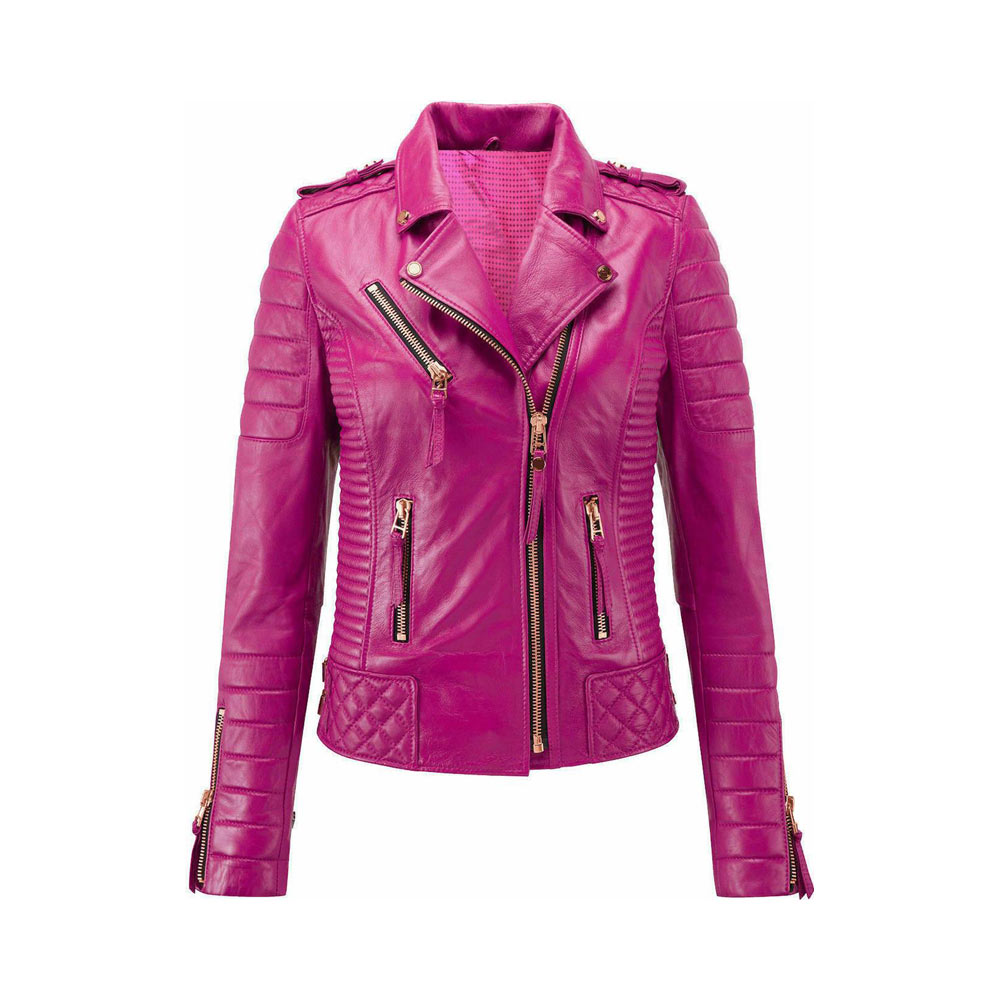 Genuine Sheep Skin Leather Women's Winter Motorcycle Jacket High Quality Custom Design Cotton Lining Embroidery Stripe