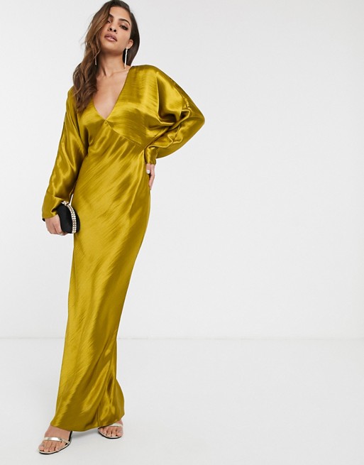 Maxi Dress Batwing Sleeve Bias Cut Olive Retro Dress Long