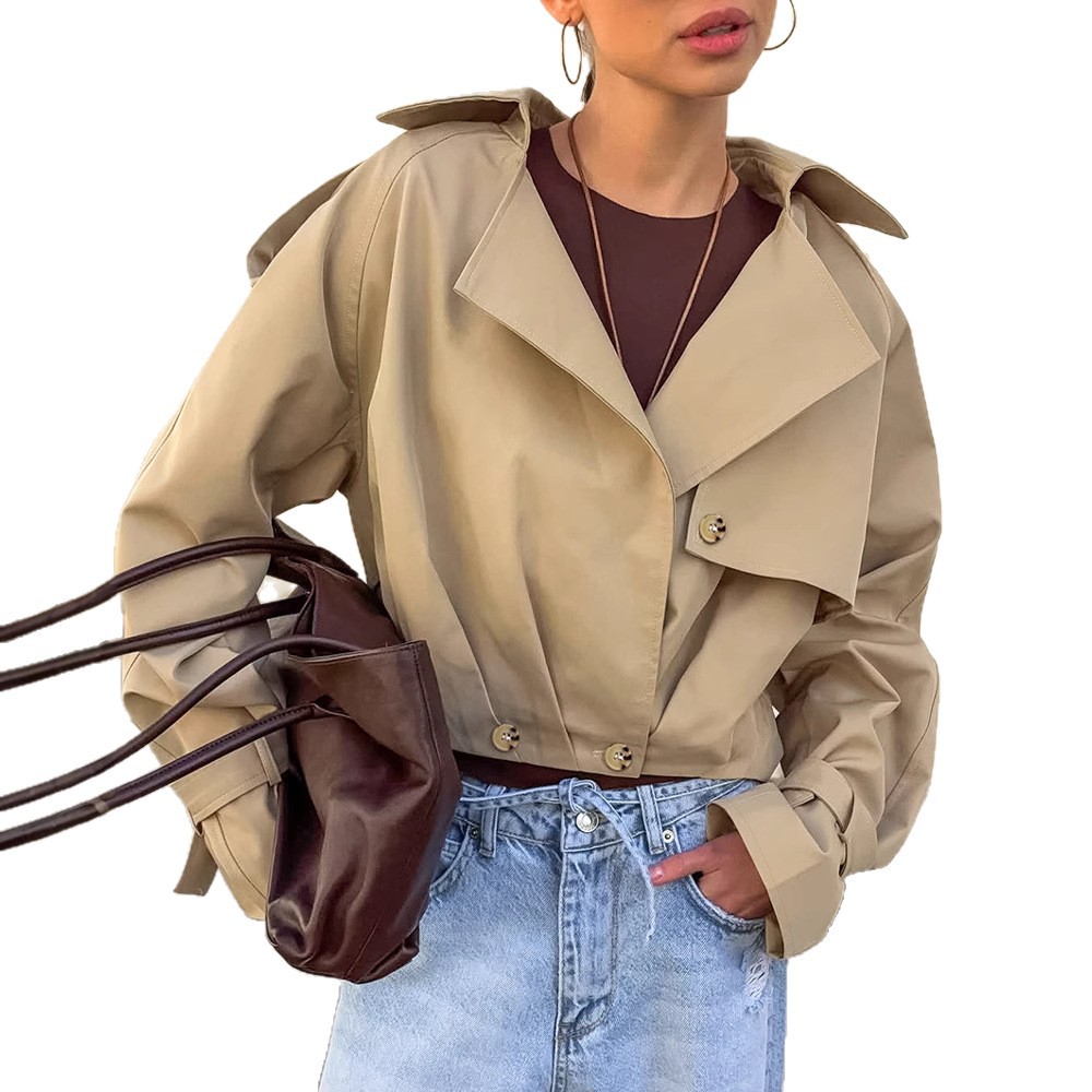 Suit Button Collar Double Breasted Casual Cargo Trench Streetwear Coat 2025 Autumn Women's Fashion Solid Short Jacket Cool Silk