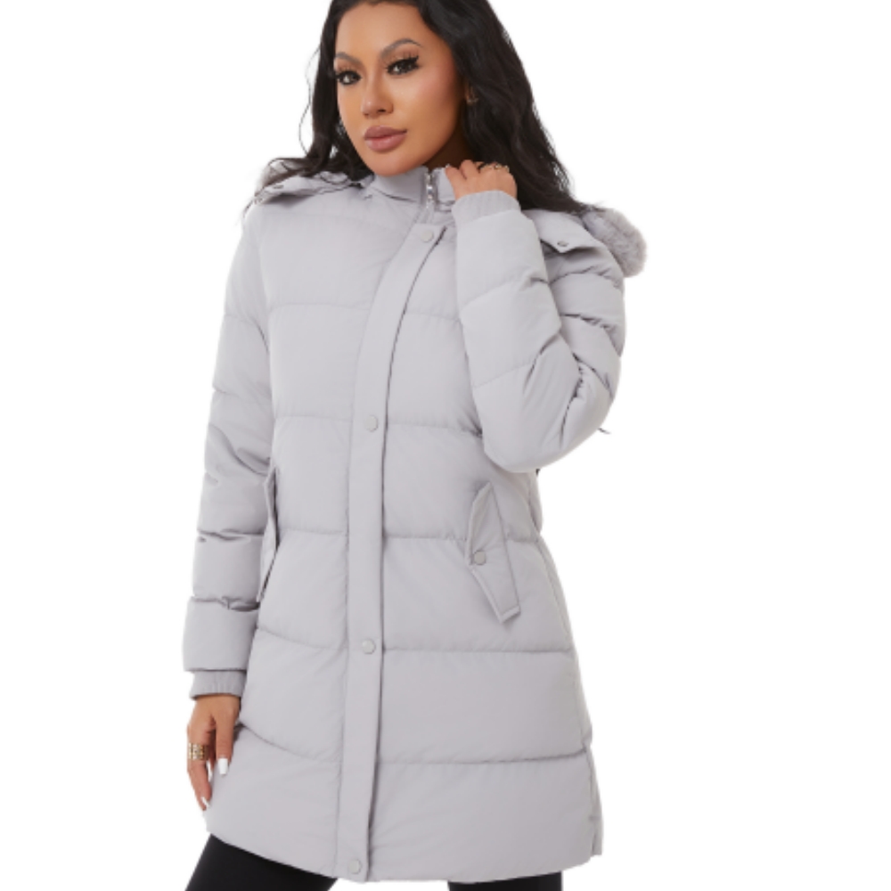 Oelise Women's Winter Thick Puffer Coat Solid Breathable Woven Front Zipper Warm Snow Jacket with Removable Hood