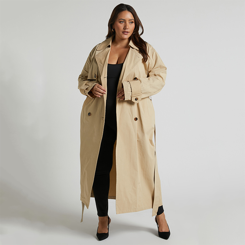 Custom Turn-Down Collar Double Breasted Tie Waist Coat Wholesale Women's Khaki Trench Coat