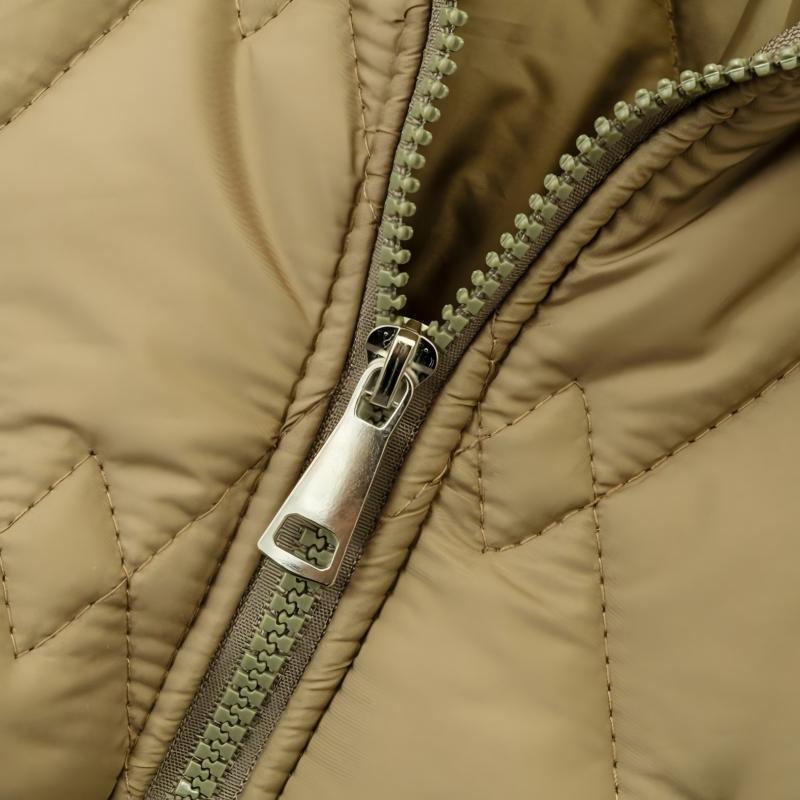 Elegant Beige Quilted Hooded Parka Women's Mid-Length Winter Outerwear Windproof Zipper Stripe