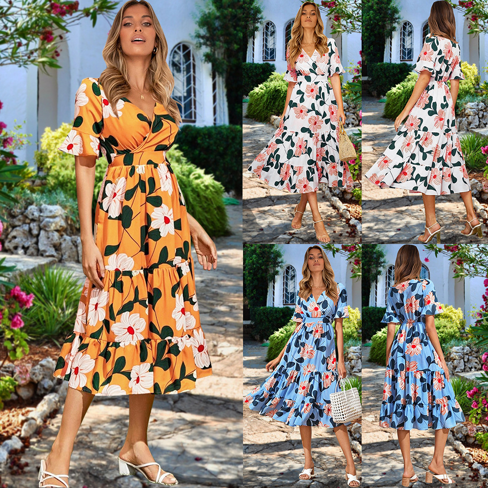 2022 Elegant Print Ladies Summer Floral Chiffon V-Neck Maxi Bohemian Dresses Sundress Casual Long Dress for Women