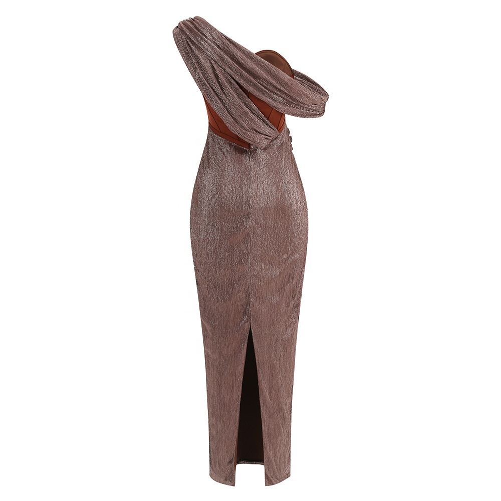 2024 New Women's Oblique Shoulder Brown Dress Sexy Hollow Slim Ribbon Design Ladies' Evening Hip Dress Fashionable Solid Pattern