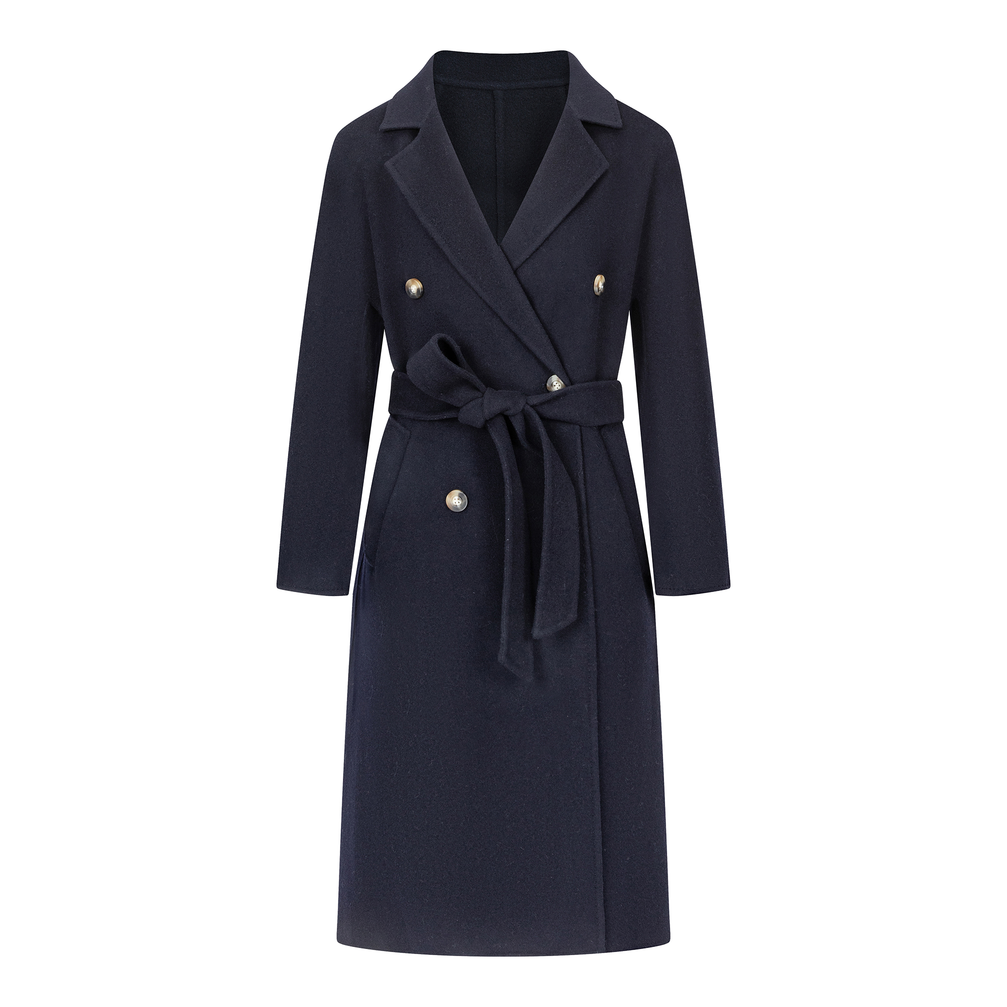 Women's Classic Double-Breasted Trench Wool Coat - 10% Cashmere &amp; 90% Wool Blend, with Waist Belt