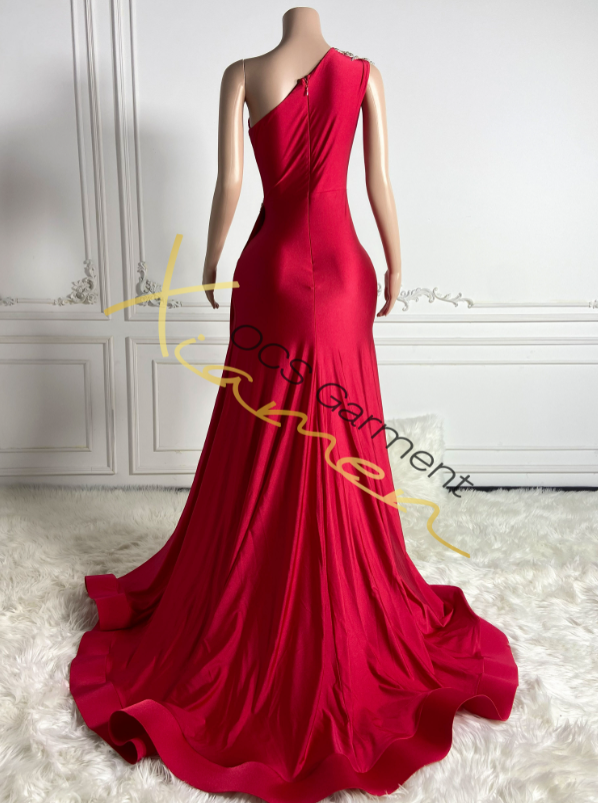 Ocstrade Rhinestone Luxury Evening Dress for Women Ladies Slash Neck Hollow Out Sexy High Slit Trumpet Party Evening Dress