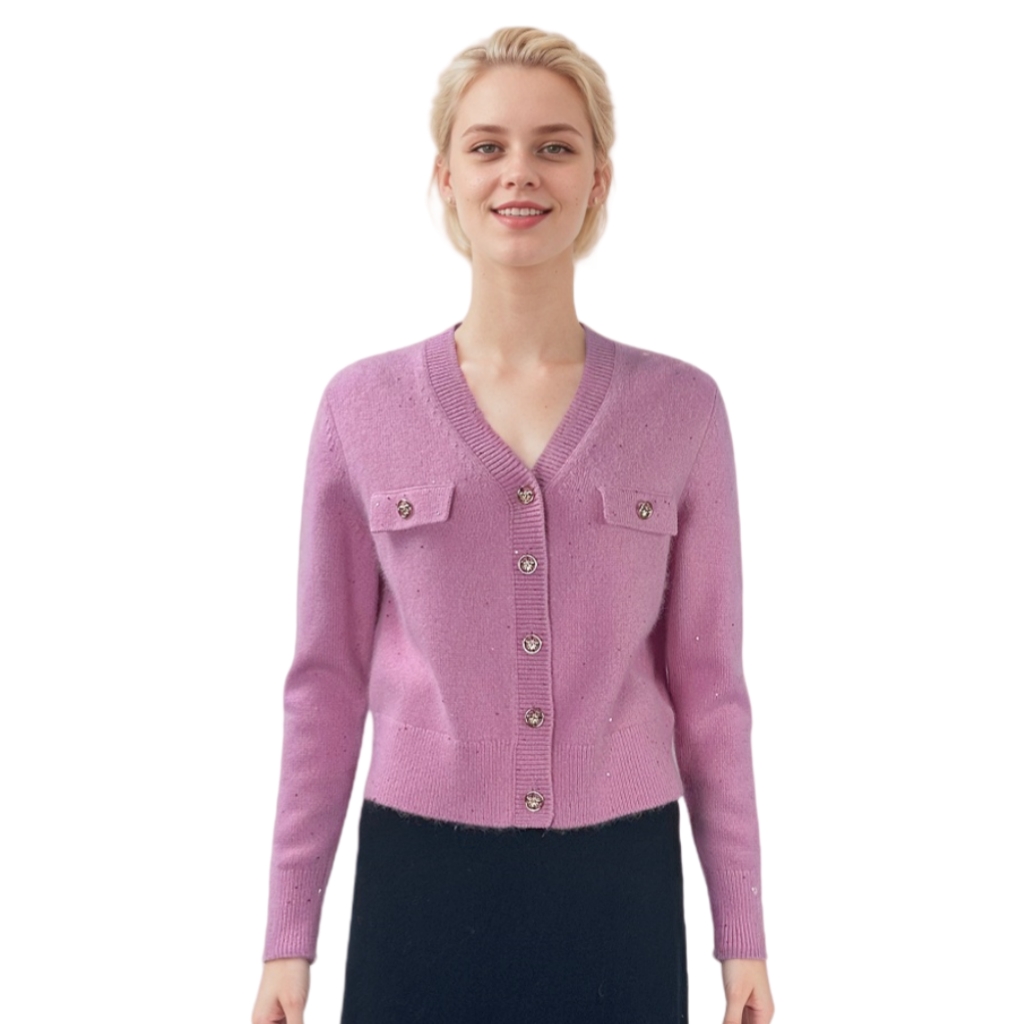 Luxury Women's Winter V-Neck Cardigan Sweater Custom Knit Top with Button Decoration