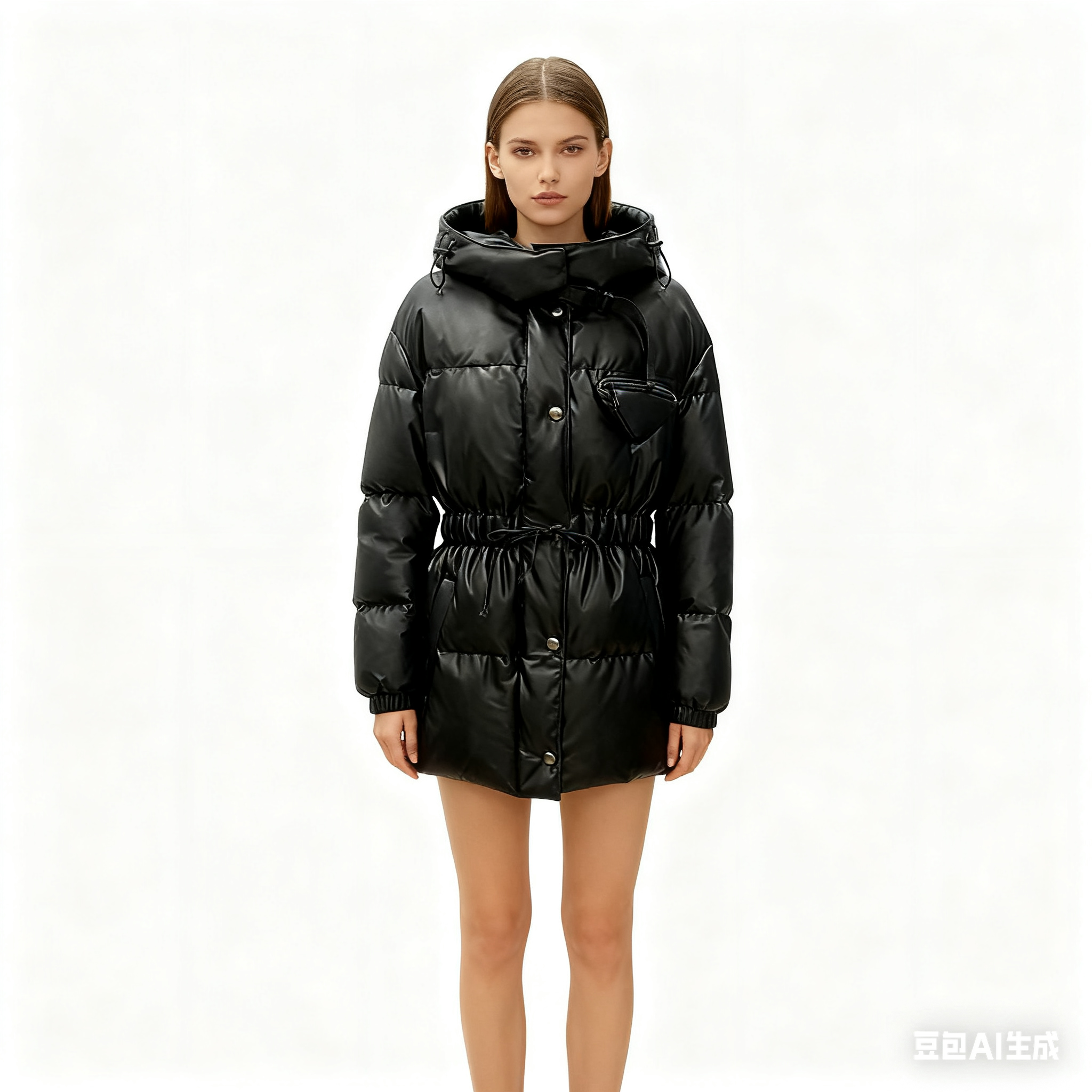 Women's Faux Leather Down Jacket - Shiny Puffer Coat with Hood &amp; Waist Drawstring