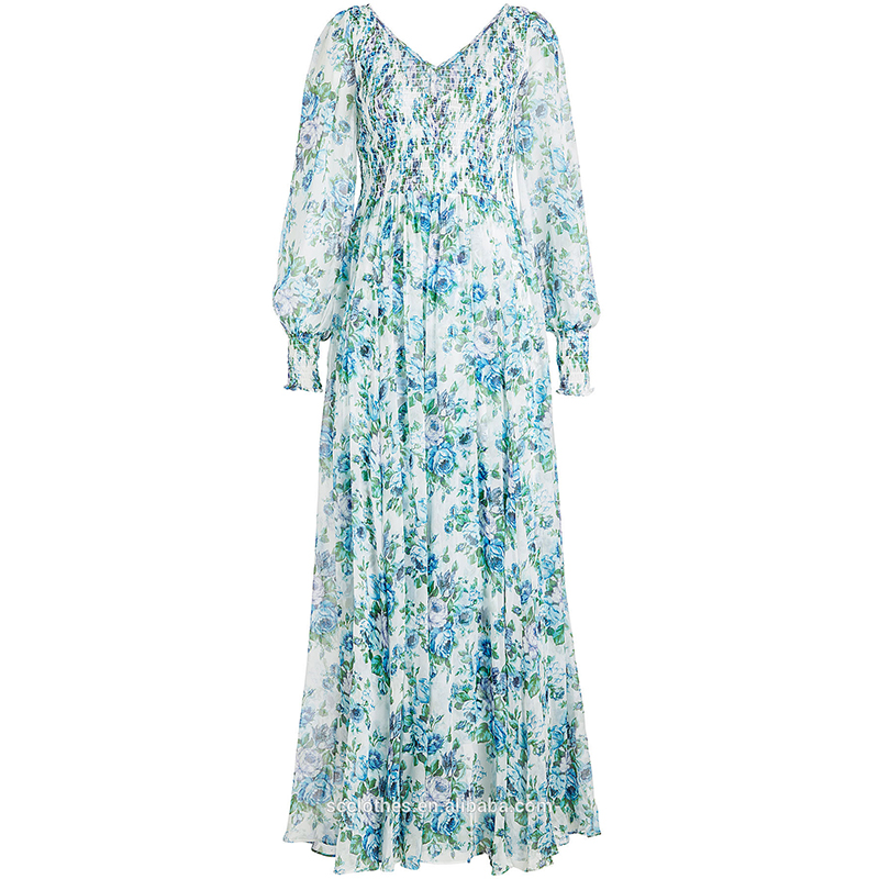 New Design Lady Maxi Dresses Long Sleeve Floral Print Women Dress