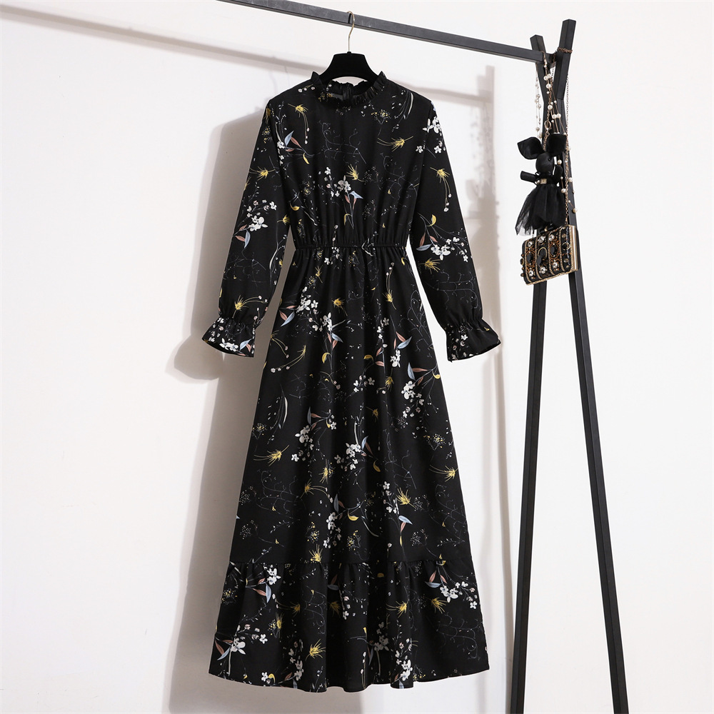 Customized Print Dress Ruffle Long Floral Maxi Dress Long Sleeve Casual Dresses for Women