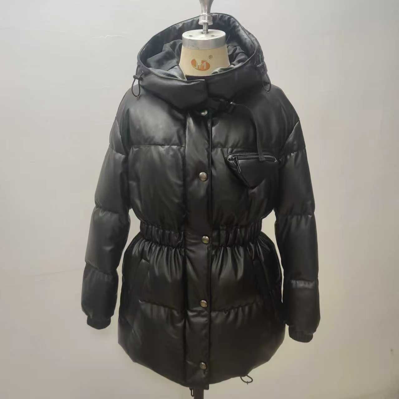 Women's Faux Leather Down Jacket - Shiny Puffer Coat with Hood & Waist Drawstring