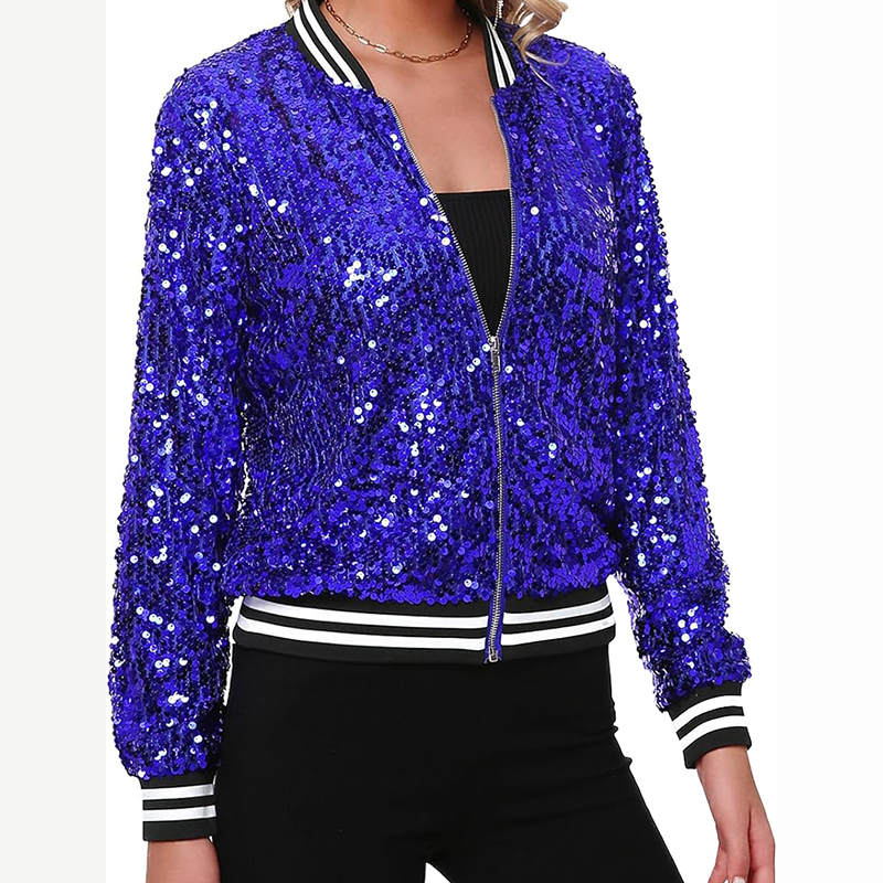 Women's Sequin Embroidered Long Sleeve Bomber Jacket With Cotton Fill Front Zip and Ribbed Cuffs for Party Dance Coats