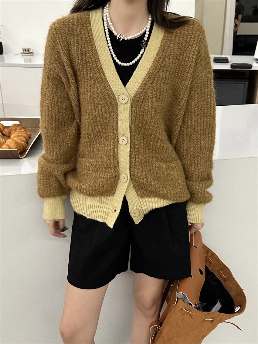 Women's Casual Wool Button Thick Knitted Cardigan Sweater V-Neck Autumn Solid Color Breathable Korean Version Coat Small Pocket