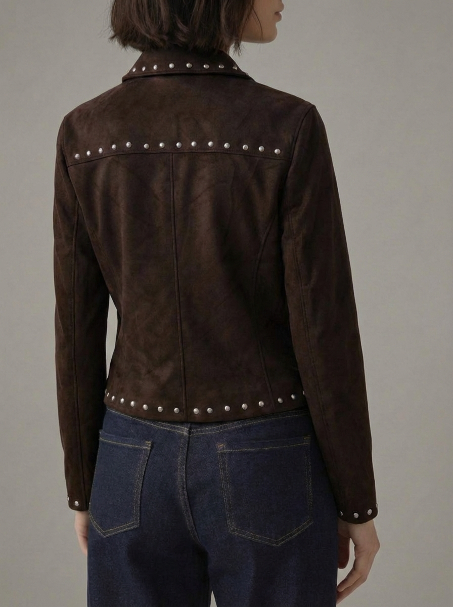 Women Brown Suede Leather Studded Jacket Zip Front Turn Down Collar Slim Fit Moto Biker Outerwear
