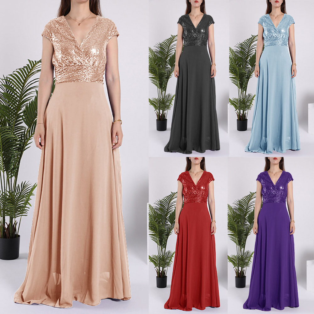 Custom Women Maxi Dress Sequin Party Dress V-neck Fashion Elegant Gown Long Evening Dresses