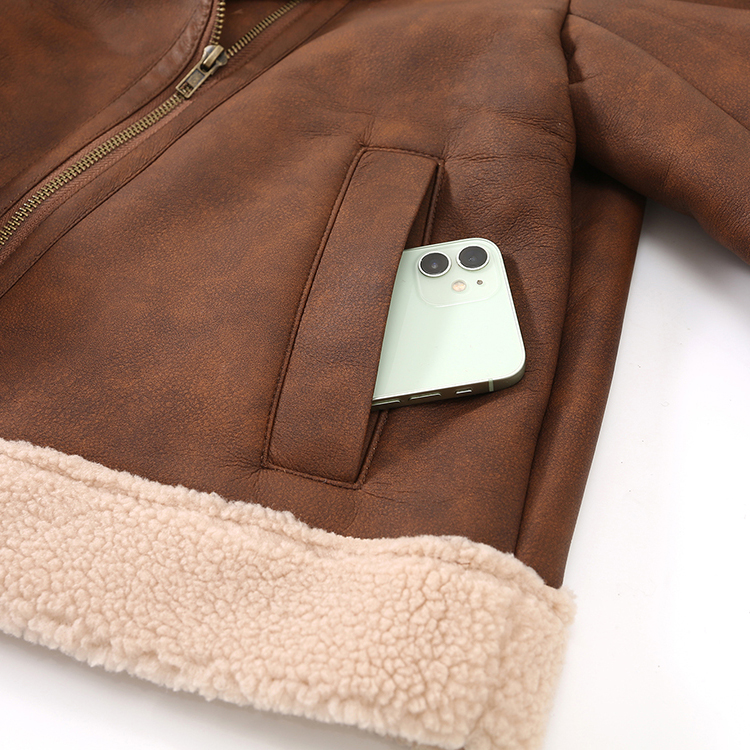 Custom Fashion New Design Long Sleeve Brown Color Zipper Faux Suede Jacket Women's Jacket
