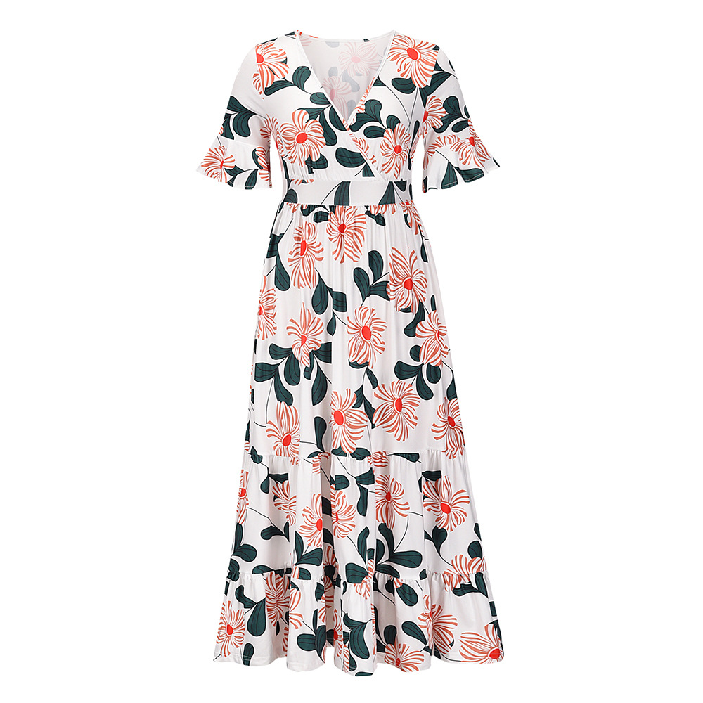 2022 Elegant Print Ladies Summer Floral Chiffon V-Neck Maxi Bohemian Dresses Sundress Casual Long Dress for Women