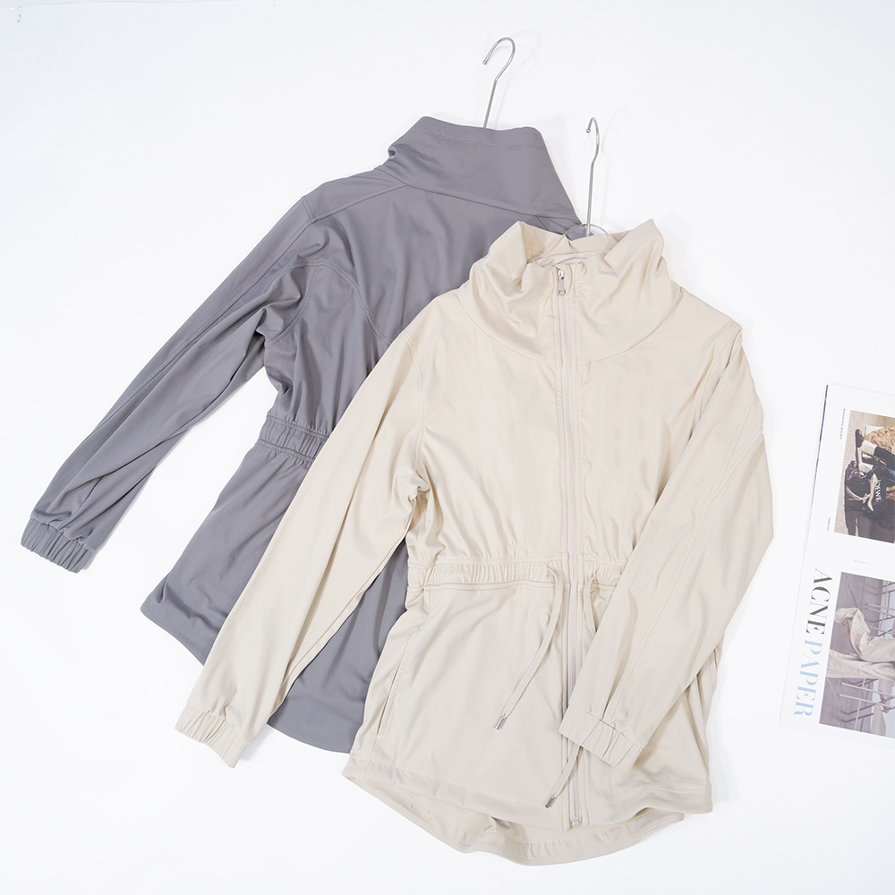Women's Custom Solid Color Zip Sleeve Sports Jacket Breathable Outdoor Hiking Windbreaker Cinch Waist Trench Coats for Yoga Top