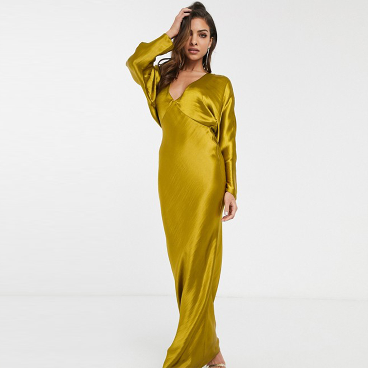 Maxi Dress Batwing Sleeve Bias Cut Olive Retro Dress Long