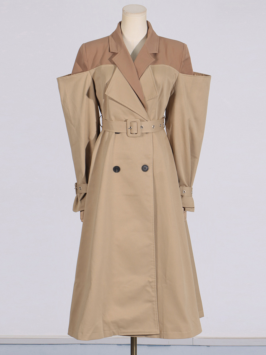 2025 Fall Winter New Trench Coat Fashion Design Contrast Panel Women Classic Midi Length Elegant Casual Coat With Belt