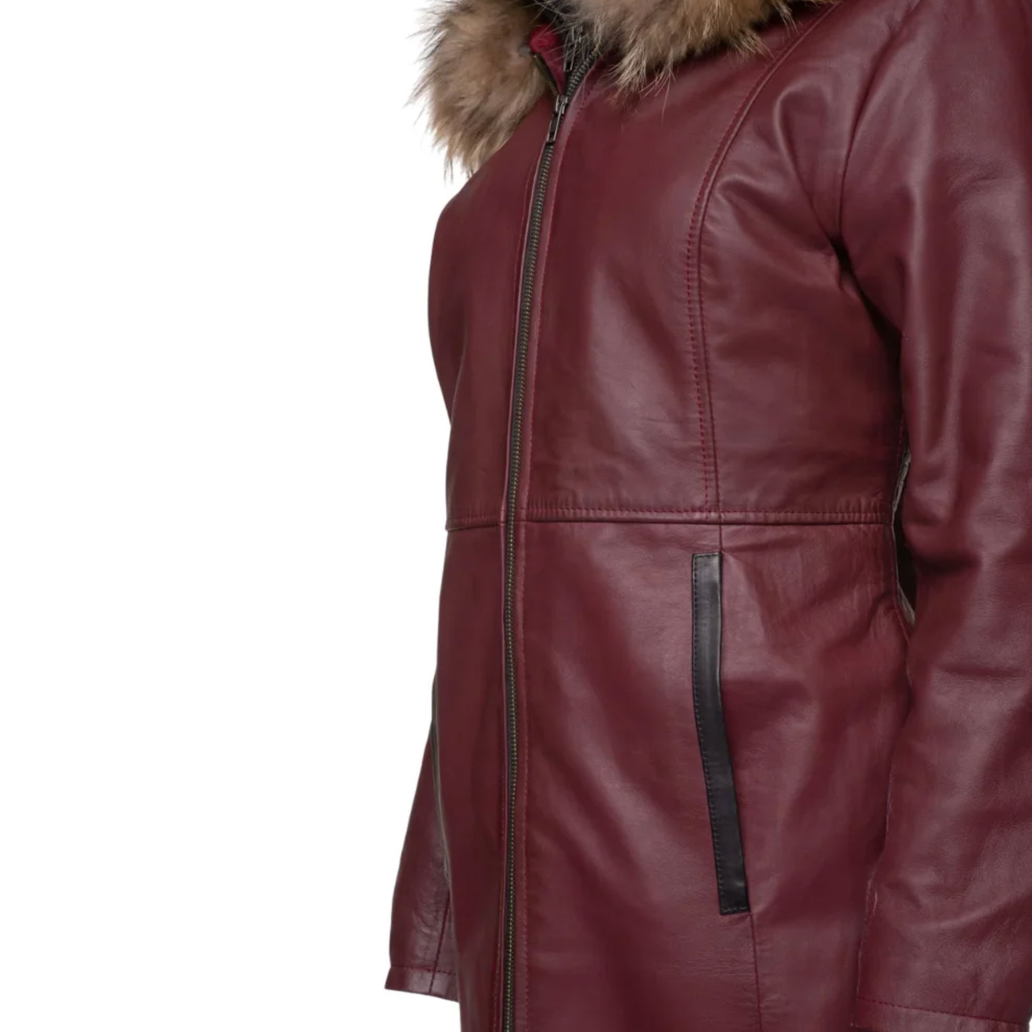 Customized Women's Leather Jacket Long Coat 3/4 Length Double Breasted Genuine Leather Knitted Cotton Lining Hooded