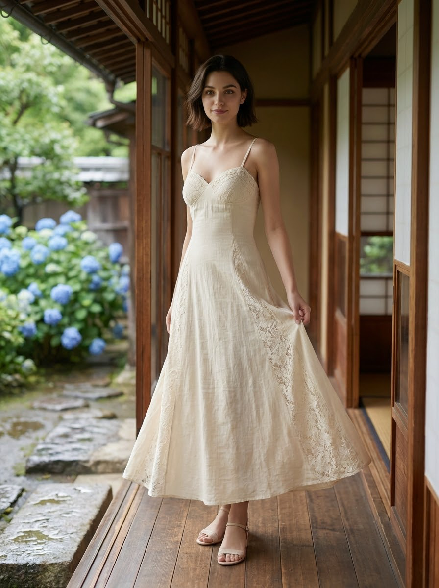 Women Ivory Lace Panel Maxi Dress Sweetheart Neck Spaghetti Strap Smocked Back A-Line Summer Vacation Long Dress