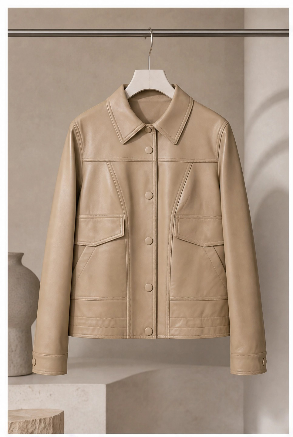 New Spring Autumn Utility Style Leather Jacket, Women's Short Turn-Down Collar Coat for Daily Wear