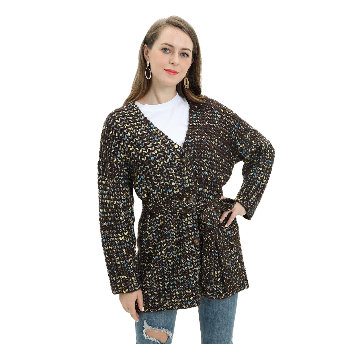 Custom LOGO Women Sweater Design Knitwear Ladies Jumper Winter Knitted Coat Pocket Embroidered Patch Cardigan Sweater Women