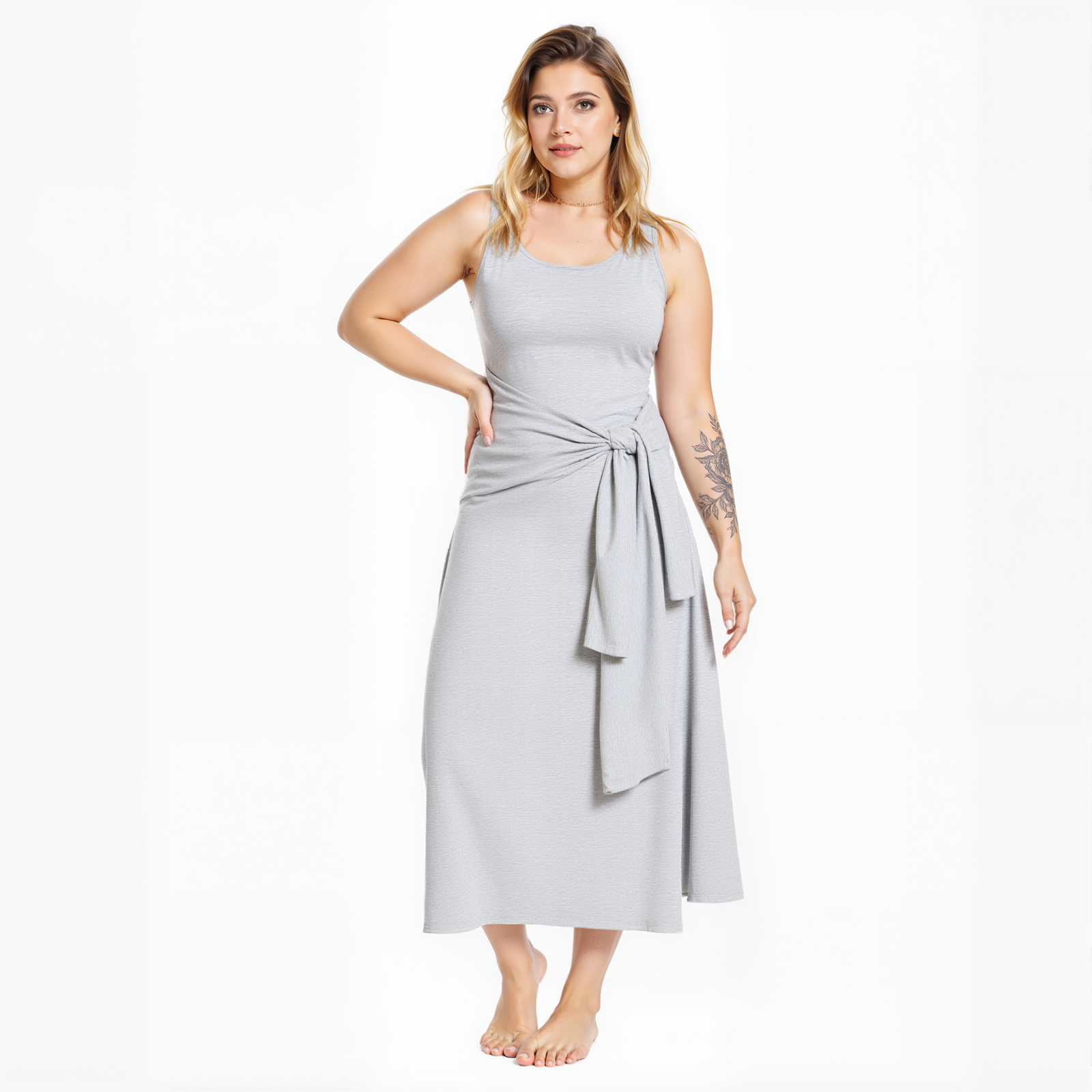 Soft Modal Knit Halter Maxi Dress Side Waist Knot Wrapped Long Dress Ladies Daily Vacation Outfit