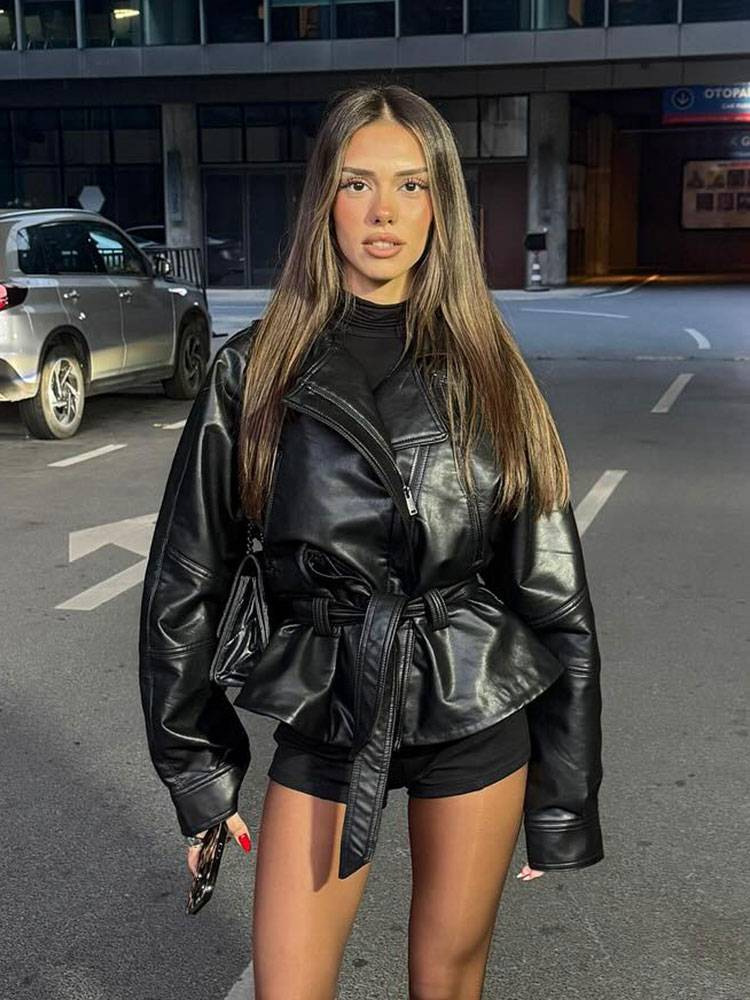 PB&amp;ZA Cross Border European and American Style 2025 New Fashion Style Women's Clothing Wholesale Black Short Leather Windbreaker