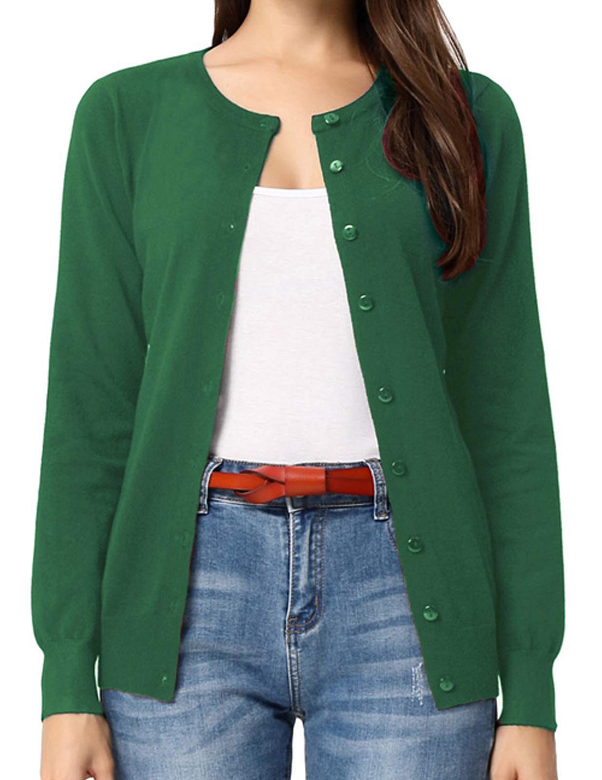 Simple Style Long Sleeve Button Down Crew Neck Classic Sweater Knit Cardigan