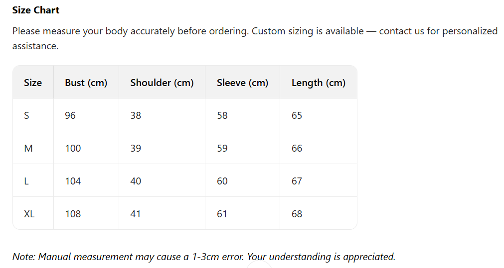 Jacket Size Chart