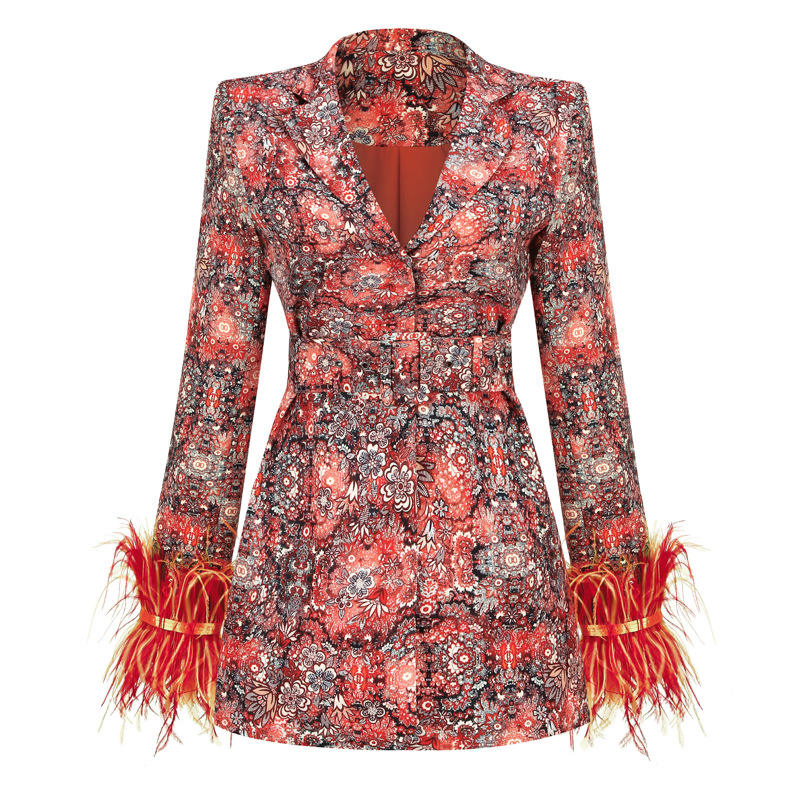 Elegant Floral Print Women's Blazer with Feathers and Belt