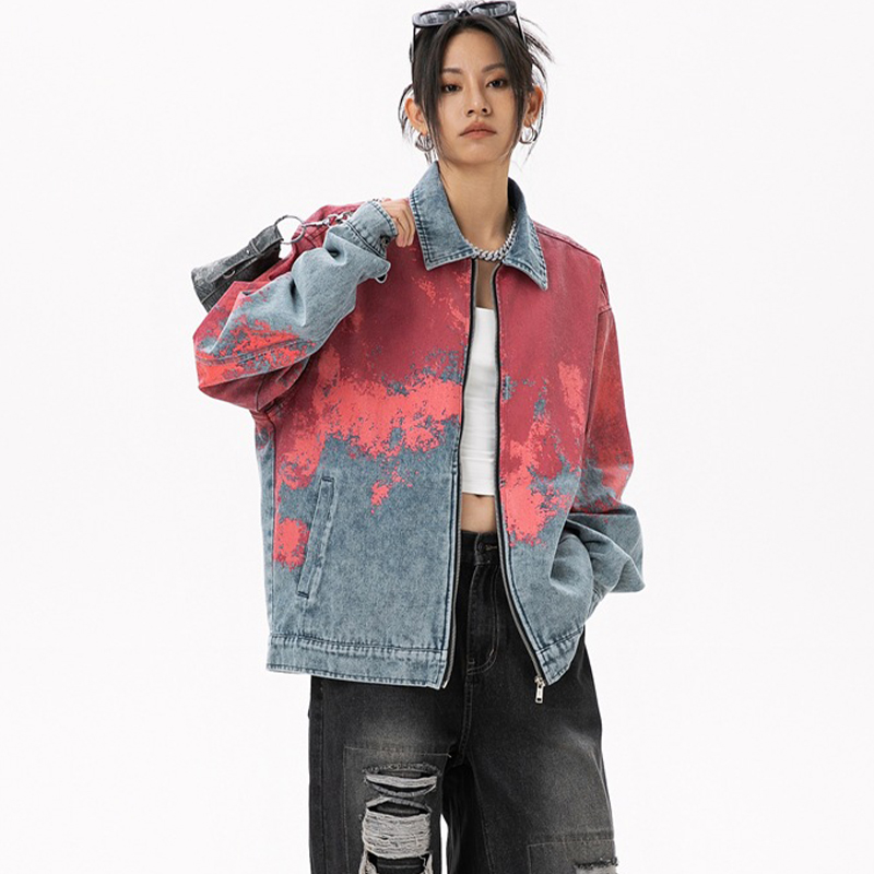 Women's Denim Jean Jacket Women Casual Outwear Fall Jacket Denim Zipper up Coat Oversize Printed Denim Jacket for Ladies