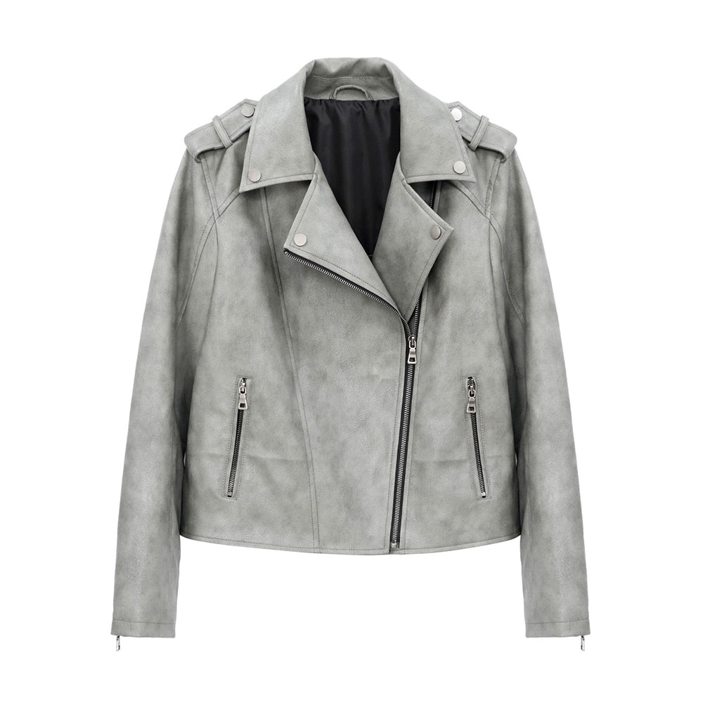 Custom Outdoor Autumn Female Fashion Discoloured PU Grey Leather Jacket for Women