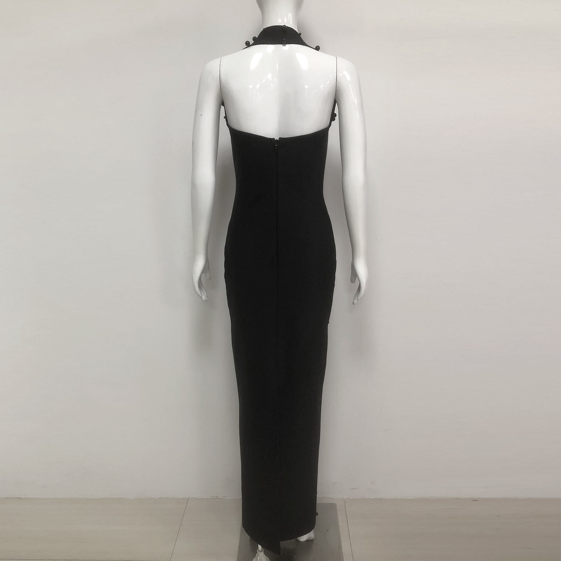 Luxury Women Black Bandage Dress Halter Neck Beaded Diamond Rhinestone Long Bodycon Evening Party Maxi Dresses