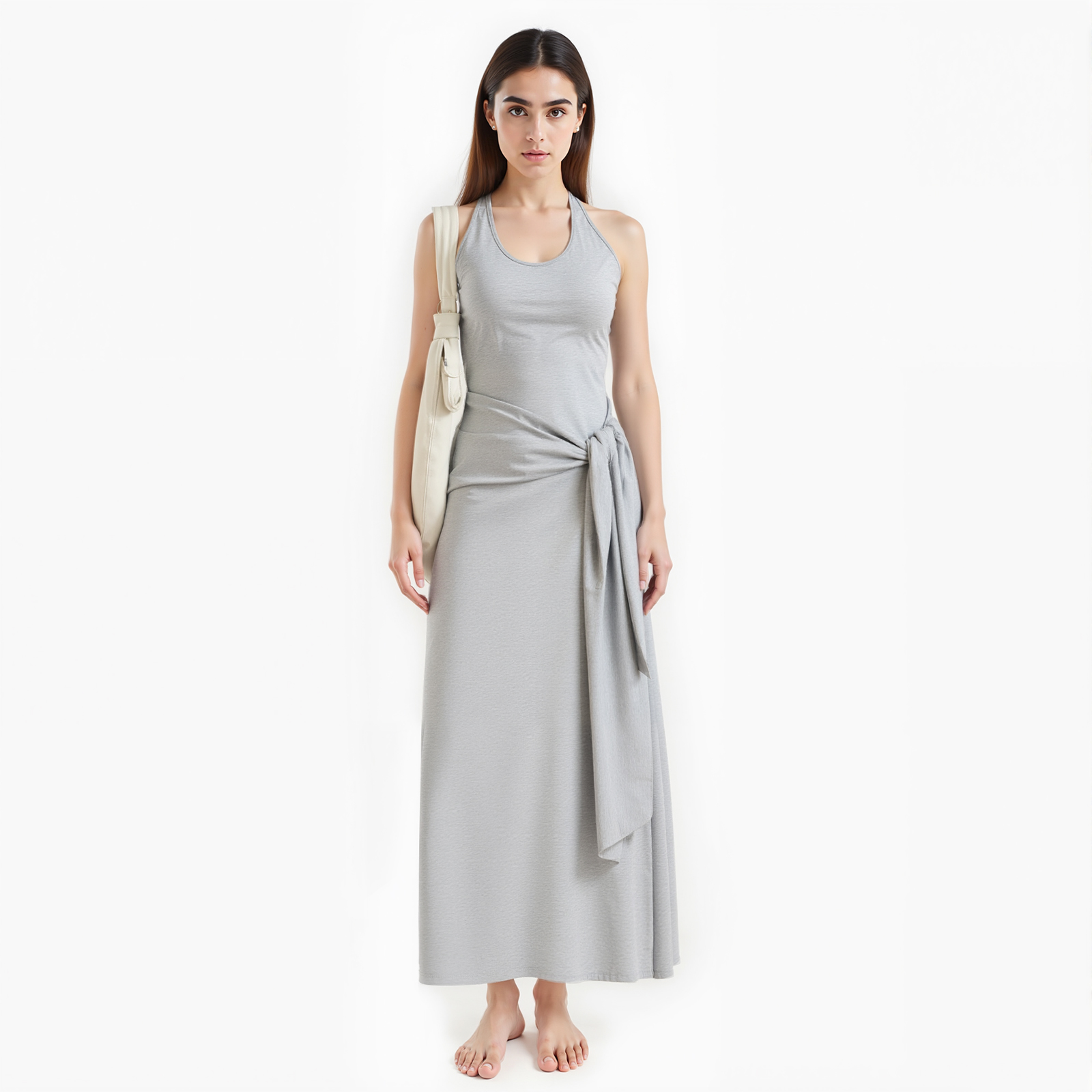 Soft Modal Knit Halter Maxi Dress Side Waist Knot Wrapped Long Dress Ladies Daily Vacation Outfit