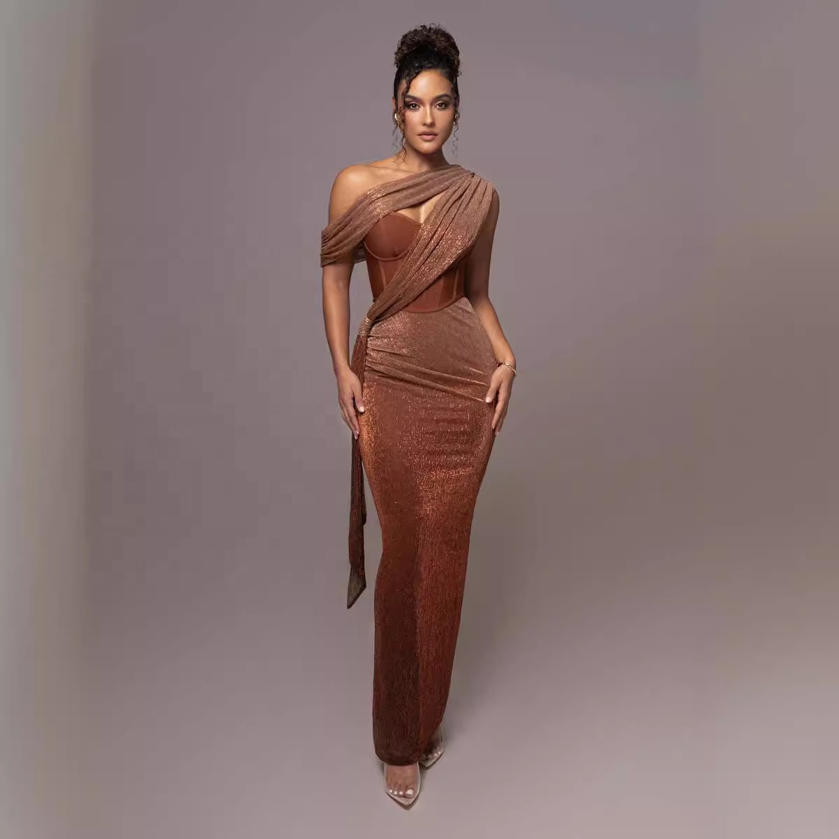 2024 New Women's Oblique Shoulder Brown Dress Sexy Hollow Slim Ribbon Design Ladies' Evening Hip Dress Fashionable Solid Pattern