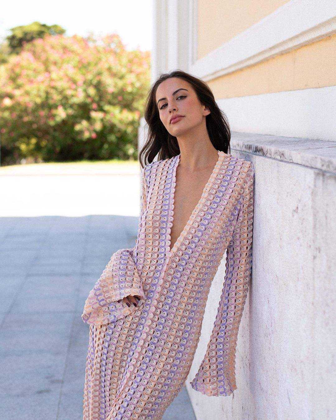 Elegant Sexy Women's Woolen Knit Maxi Dress with Split Flare Sleeves Deep-V Neck Robes for Club Party Vacation Natural Waistline