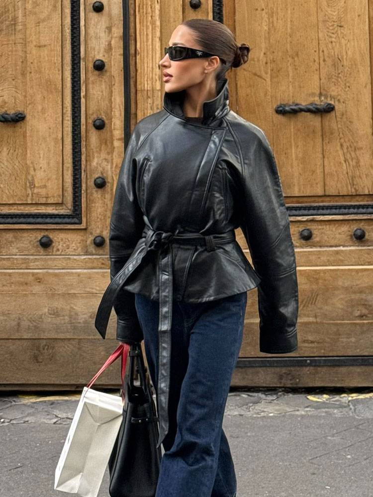 PB&amp;ZA Cross Border European and American Style 2025 New Fashion Style Women's Clothing Wholesale Black Short Leather Windbreaker
