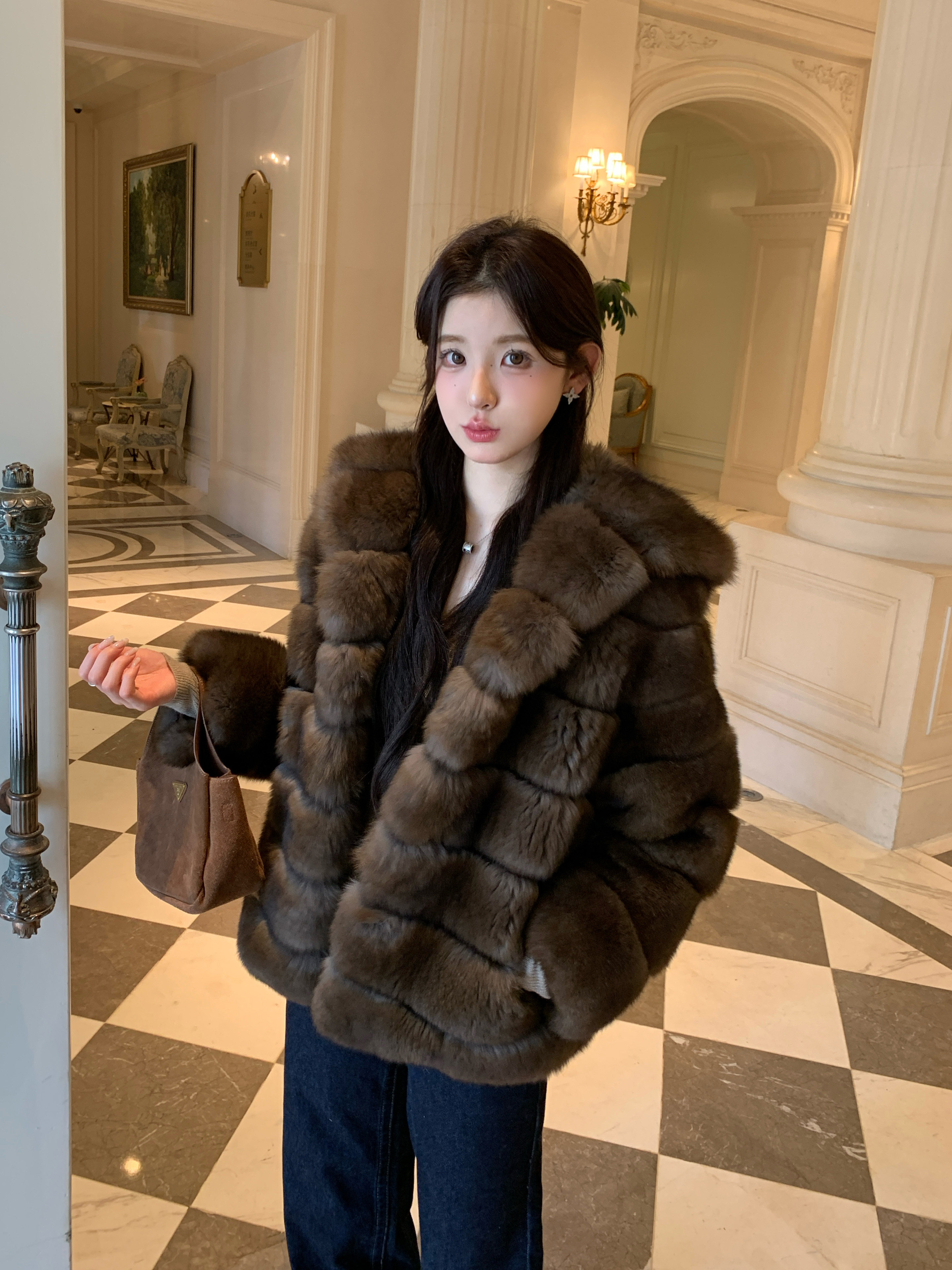 2026 Winter New High-Endimitation fur Purple Fox Fur Korean Style Thick Women's Youthful Hooded Fur Coat