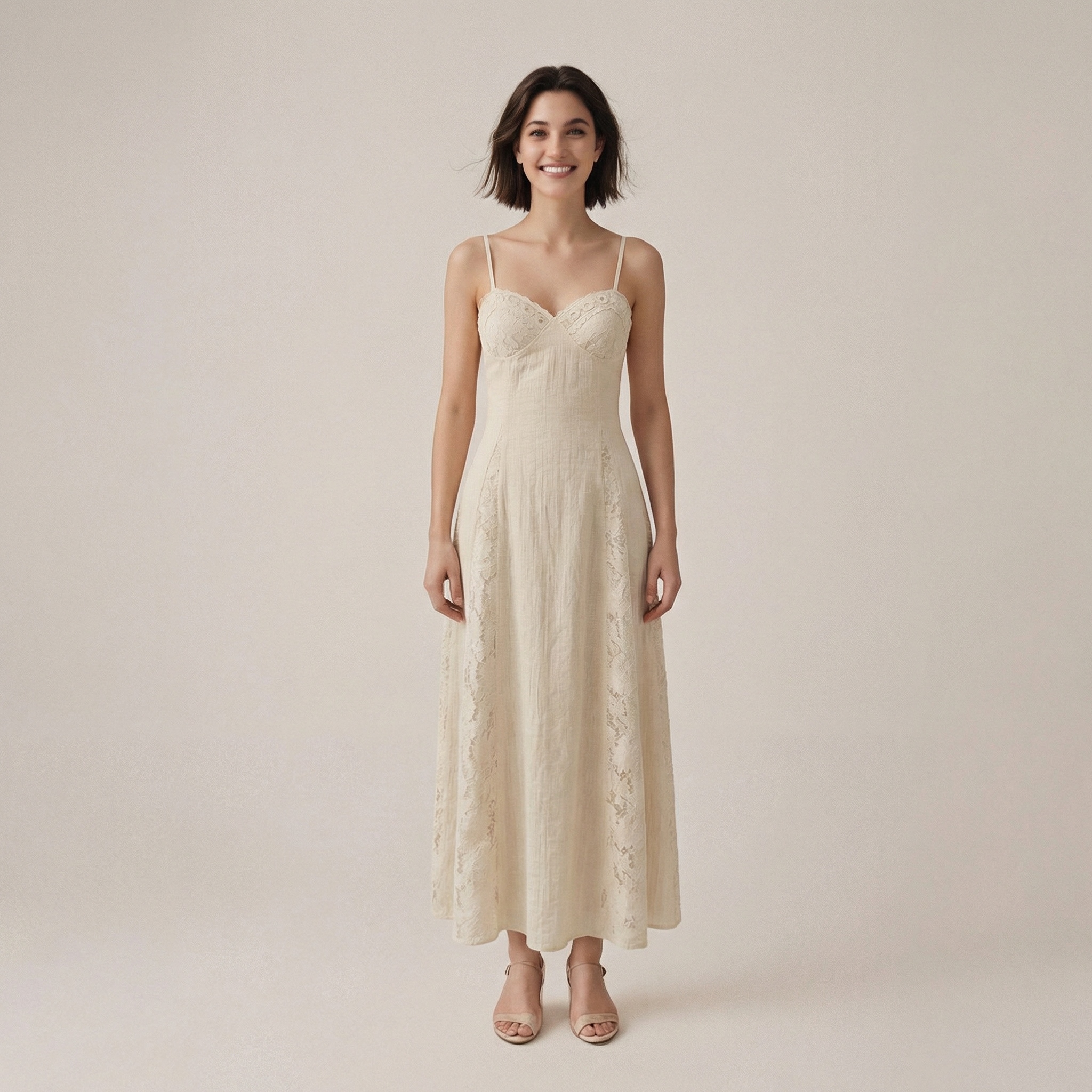 Women Ivory Lace Panel Maxi Dress Sweetheart Neck Spaghetti Strap Smocked Back A-Line Summer Vacation Long Dress