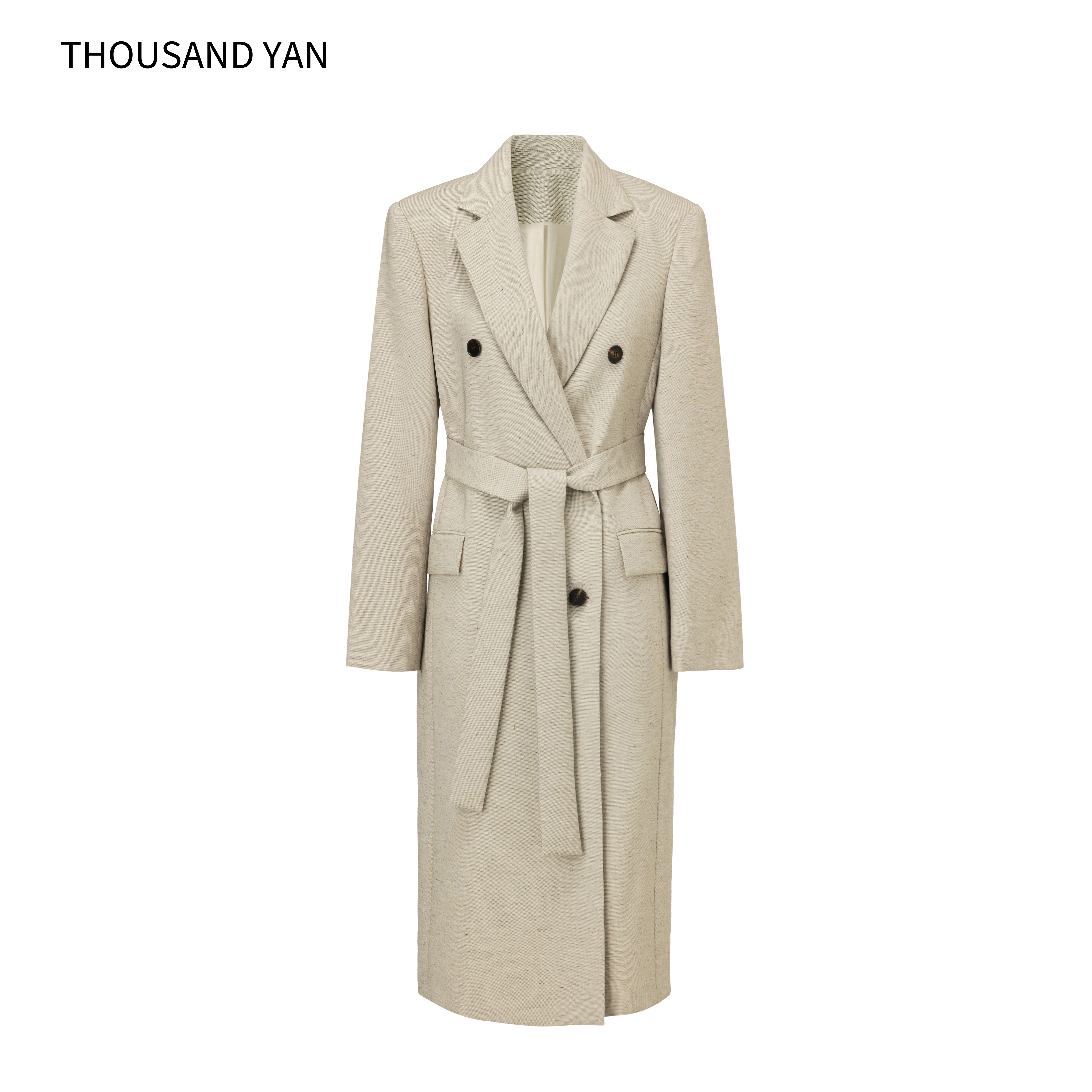 Women's Elegant Long Belted Blazer Coat Polyester Cotton Linen Blend Double Breasted Trench Jacket Office Wear Oatmeal