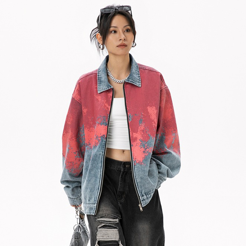 Women's Denim Jean Jacket Women Casual Outwear Fall Jacket Denim Zipper up Coat Oversize Printed Denim Jacket for Ladies