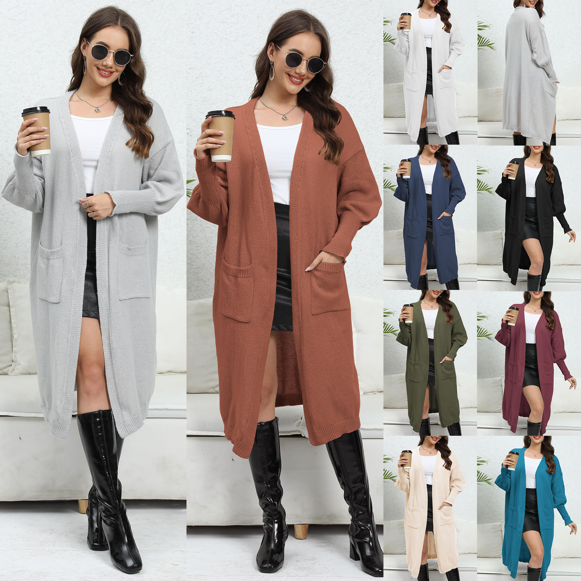 Manufacturers Wholesale Ladies Clothing Solid Open Front Long Sleeve Pocketed Thick Knitted Women Fashion Cardigan Coat Sweater
